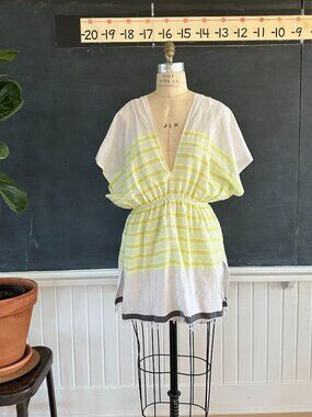 Lemlem Neon Yellow Striped Cotton Mini Dress Cover Up Size Large